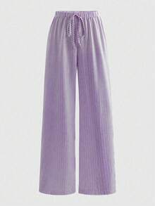 SHEIN Sweetro 2pcs Women Striped Print Sleeveless Collared Embroidered Shirt & Elastic Waist Casual Shorts Set, Spring/Summer - Mauve Purple - View 8