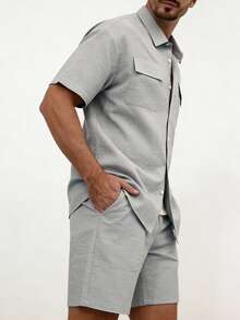 VENTUSAIL Bộ đồ nam thanh lịch, thích hợp cho kỳ nghỉ, gồm áo sơ mi vải lanh hai túi và quần short. - Màu Xám nhạt - Xem 3