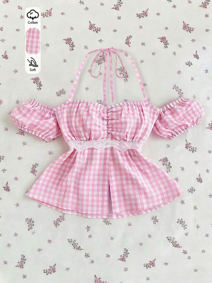 Sweetra Áo kiểu nữ tính, màu hồng trơn, cổ yếm, tay phồng, điểm nhấn ren, phong cách sinh viên, họa tiết kẻ caro, nhẹ nhàng, thích hợp cho mùa hè. - Hồng - Xem 1