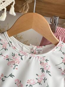 Elladie kids 2件組少女韓系夏季家庭套裝，粉色花卉印花荷葉袖鈕扣上衣與素色休閒長褲，優雅簡約風 - 粉色 - 查看 9