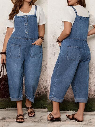 EMERY ROSE Plus Size Women's Button Design Pocket Casual Tapered Bib Overall Jumpsuit,Plus Size Denim Overalls – Wide Leg Cropped Jumpsuit Summer Casual,Women's Plus Size Denim Jumpsuit – Rolled Hem Vacation Outfits,Plus Size Denim Overalls Wide Leg Cropped Summer Casual Wear,Plus Size Denim Overalls With Adjustable Straps, Button Placket, Side Pockets & Rolled Cuffs. Soft Washed Denim, Perfect For Summer Vacation & Curvy Casual Wear, Jumpsuit, WideLeg, CroppedPants, SummerOutfits, CasualOutfits, VacationOutfits,Vacation Approved Perfect For Beach, Daily & Casual