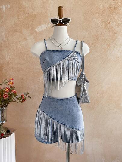 Soleia Women's Summer Fashion Sequin Tassel Decor Cropped Denim Camisole And Denim Shorts Set