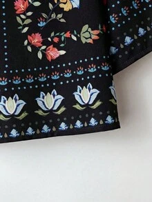 Rusticease 女款花卉印花缺口領上衣與寬腿褲兩件套，適合春夏秋季，波希米亞風女裝兩件套 2pcs - 黑色 - 查看 3