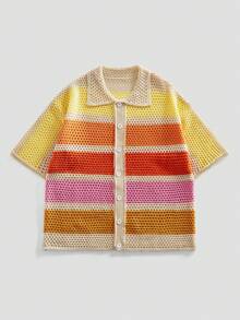 ROMWE MEN Men's Loose Dropped Shoulder Hollow Out Knit Shirt, Vacation Shirt - Multicolor - View 1