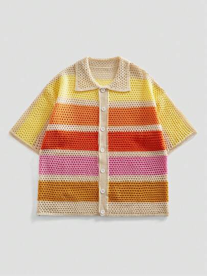 ROMWE MEN Men's Loose Dropped Shoulder Hollow Out Knit Shirt, Vacation Shirt