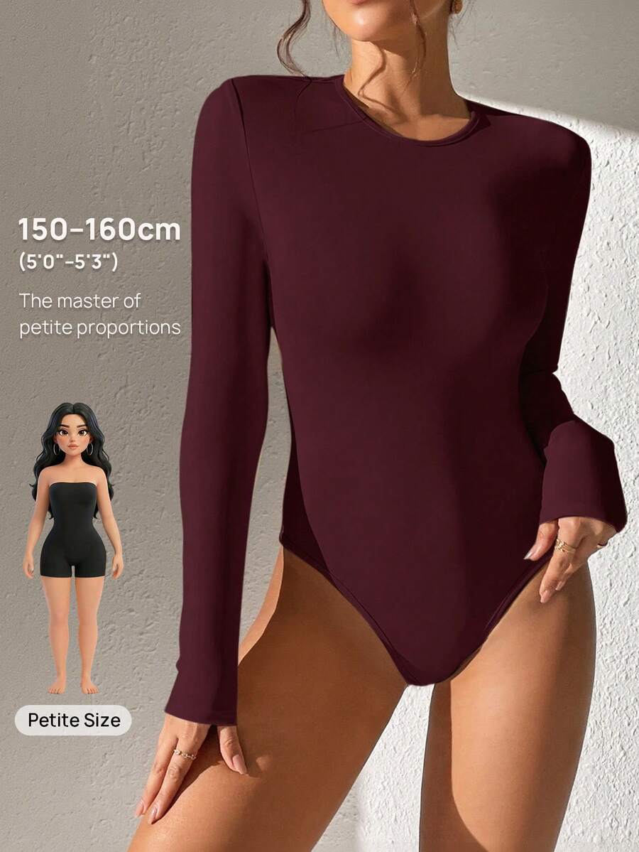 SHEIN PETITE Solid Slim Fit Spring Women Tee Style Bodysuit - Burgundy - View 1