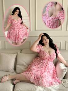 Vibekara Spring, Summer, Elegant, Vacation French Retro Textured Chiffon Floral Print Puff Sleeve V-Neck Waist Cinched Slim Fit Princess Mini Dress, Spring/Summer Women Outfit - Multicolor - View 1