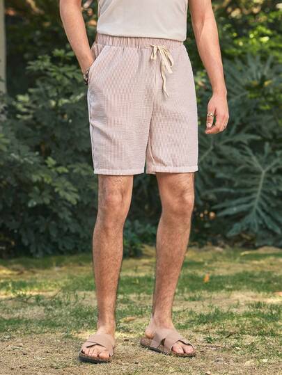 Open Phase 2件装男士休闲梭织条纹中腰抽绳直筒短裤男士亚麻短裤男士亚麻短裤条纹亚麻短裤男士夏季短裤男士度假短裤男士休闲短裤