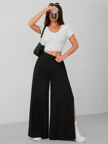 SHEIN PETITE Women's Suit Pants With High Side Slits To The Thigh - Black - View 5