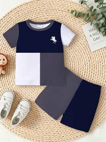 SHEIN Playful Pals 男婴休闲Logo撞色印花圆领短袖T恤和短裤套装（2件套），适合夏季户外穿着 - 彩色 - 查看 3