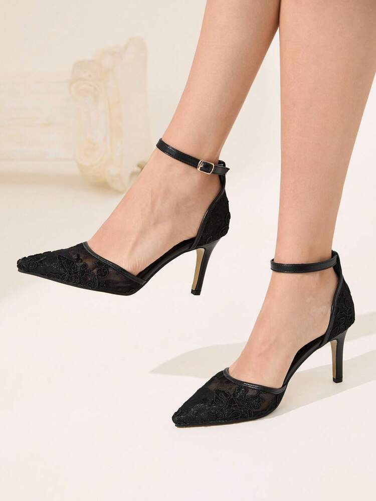 CUCCOO CHICEST Women's Lace Mesh Pointed Toe Hollow Out Ankle Strap High Heel Party Wedding Shoes, Black For Christmas Elegant Shoes Wedding Shoes Summer Shoes Bride Shoes
