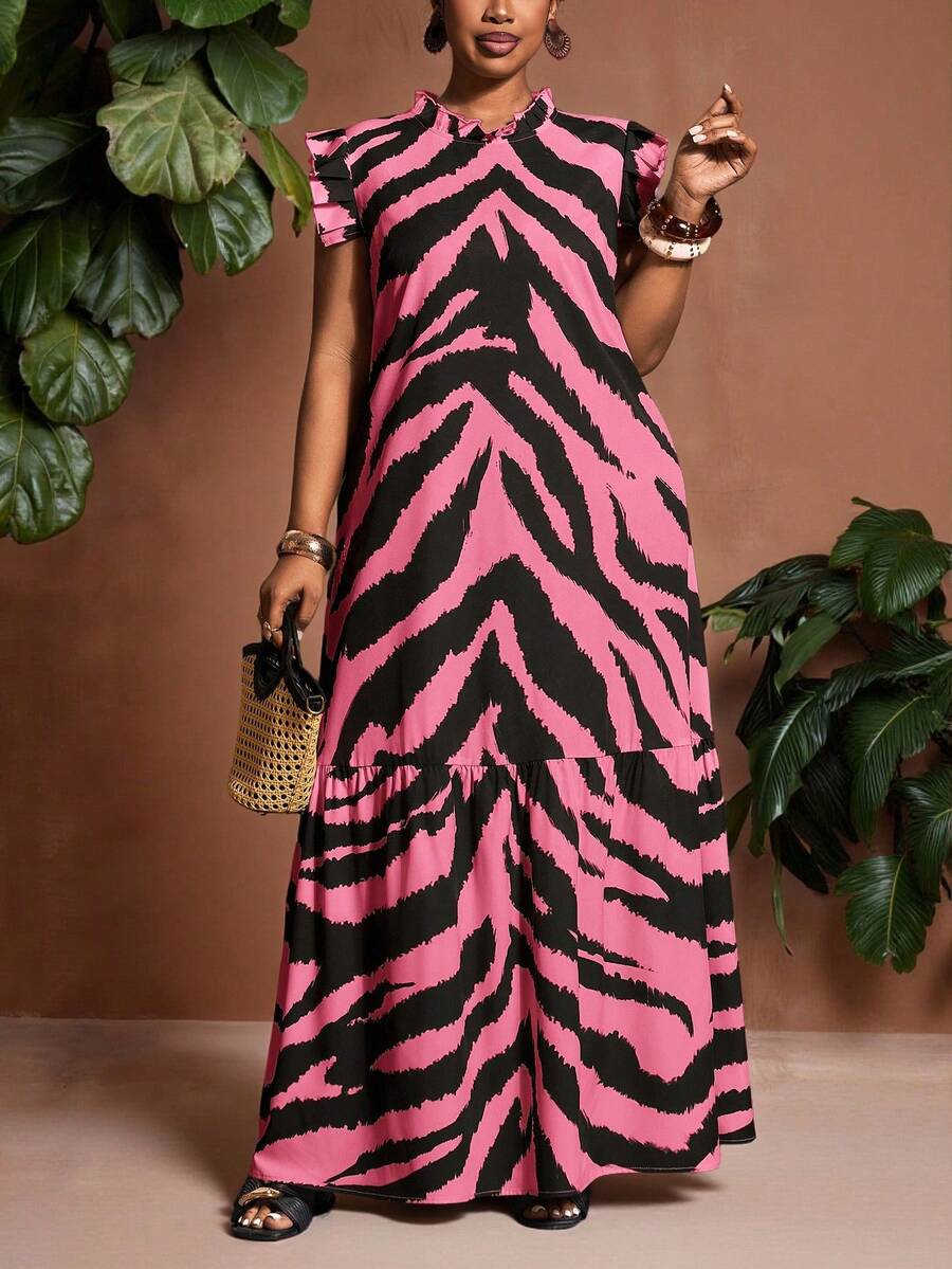 Veslaya Vestido de moda con estampado de bloques de color talla grande - Rosa Fucsia - Ver 1