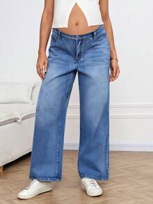 SHEIN 孕妇休闲日常水洗斜插口袋宽松牛仔裤夏季嘉年华服装通勤度假毕业时尚Y2K可爱街头风性感派对婚礼优雅商务休闲女装海滩毕业复活节宽松版型蓝色牛仔长裤 - 藍色 - 查看 1