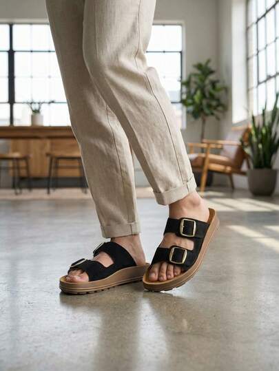 Sandalias tipo slide con doble hebilla metálica y suela plataforma