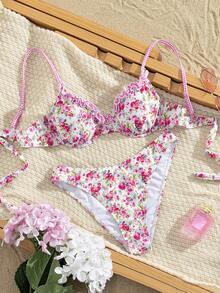 Swim Mod Bộ bikini dây mảnh, không lưng, buộc dây, họa tiết hoa ngọt ngào, gợi cảm, thích hợp cho kỳ nghỉ hè. - Nhiều màu - Xem 2