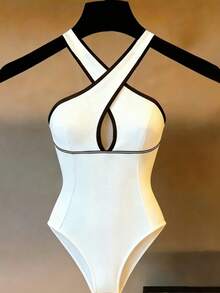 Franclia Women's Minimalist Elegant Solid Color Colorblock Crisscross Halter Bodysuit   Summer Clothes   Summer Outfits   Summer Outfit For Women   Beach Outfit For Women   Beach Outfits For Women   Beach Outfit   Casual Bodysuit  For Women   Casual Bodysuit   Vacation Outfits Women   Holiday Outfits For Women   Summer Holiday Outfits  Vacation Outfits For Women  White Bodysuit   White Bodysuit  For Women Body Suit Swimsuit Bathing Suit For Women Womans Swimming Costume Bodysuits For Ladies Swimsuits For Woman Club - White - View 3