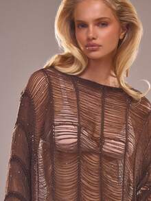 MUSERA Đầm dệt kim cổ xẻ rách tua rua đính hạt, thích hợp cho kỳ nghỉ hè, đi biển, Ibiza, lễ hội, thanh lịch, Cherry Moon - Màu nâu Sô-cô-la - Xem 2