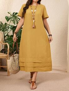 EMERY ROSE Plus Size Solid Color Short Sleeve Casual Vacation Dress Spring Outfits For Women Vacation Country Sage Green - Mustard Yellow - View 5