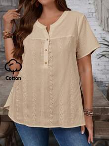 EMERY ROSE Camisa casual de manga corta con botones y bordado para mujer de talla grande para vacaciones - Albaricoque - Ver 1