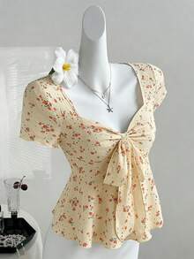 Sweetra Áo kiểu Y2K giản dị, đa năng, thích hợp cho kỳ nghỉ, với họa tiết hoa nhỏ, dây thắt nơ. - Màu vàng - Xem 8