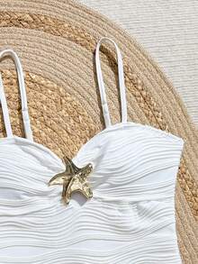 Teen GirlOne-Piece Swimsuit, Wavy Shell Trim & Mesh Skirt, Beach & Pool Casual Vacation, Spring/Summer - White - View 4