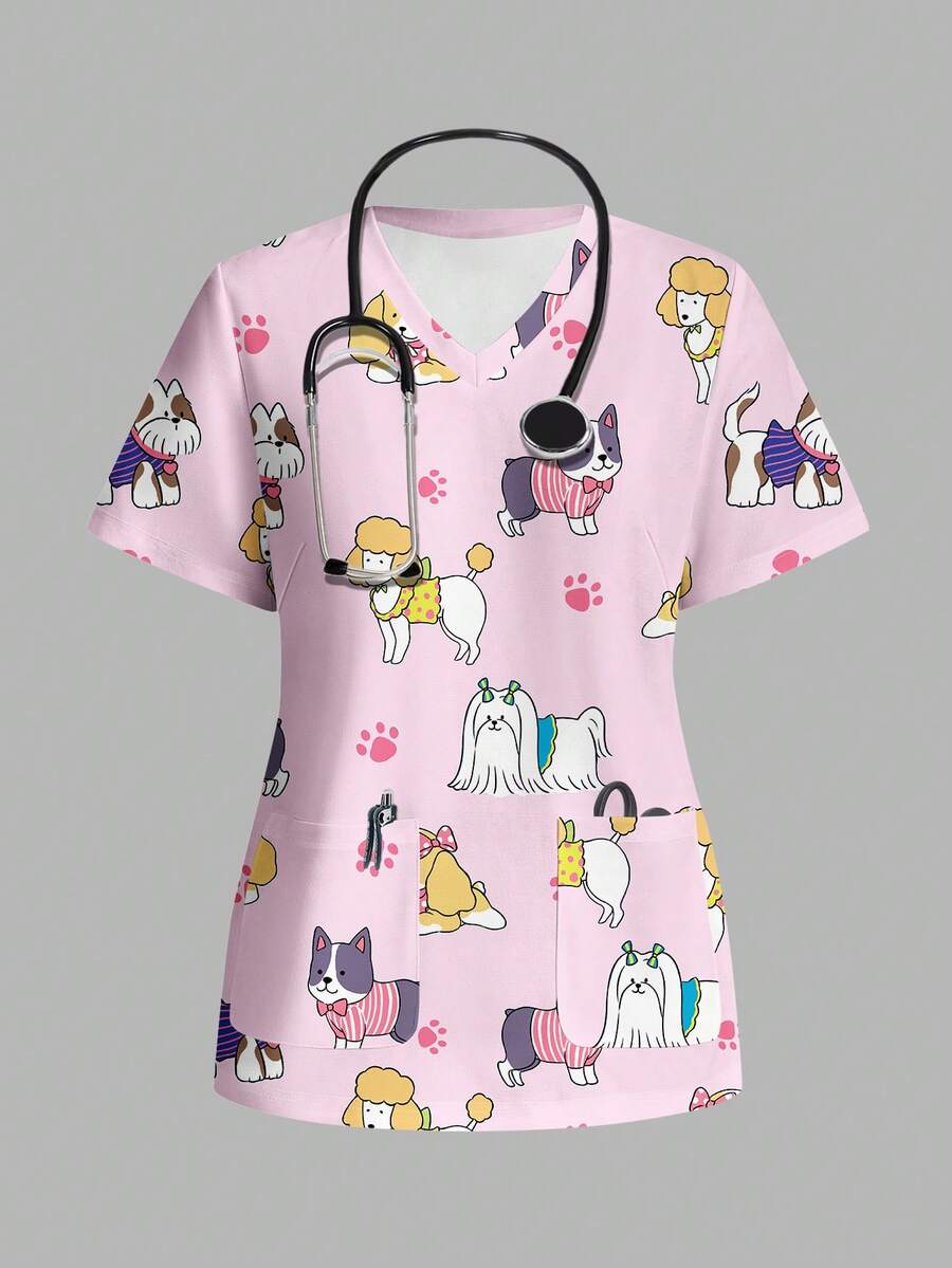 TaskEZ Casual Minimalist Cartoon Print V-Neck Short Sleeve Scrub Uniform Top - Multicolor - View 1