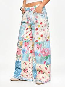 ROMWE 复古印花高腰斜插口袋阔腿牛仔裤，休闲街头风女式牛仔裤，春秋季 - 藍色 - 查看 5