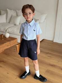 Dazy Kids Young Boy Striped Print Button-Front Shirt And Slant Pocket Shorts Suit, Gentleman Outfit - Blue - View 2