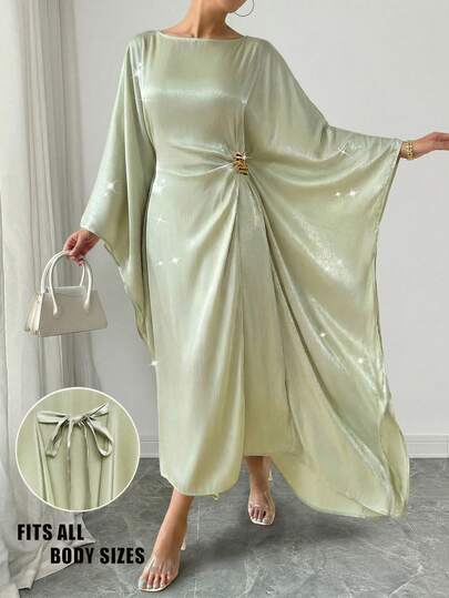 Rafferiza Spring & Summer Fashion Middle Eastern Style Loose Fit Adjustable Waist Metal Buckle Decor Dress, One Size Fits All Abayas Dubai Luxury Abaya For Women Dubai Green Abaya Kaftan Arabian Dress Abayas For Women Prayer Dress Arabian Dresses For Women Mint Green Elegant Dress Women Butterfly Abaya Abaya Two Piece Set