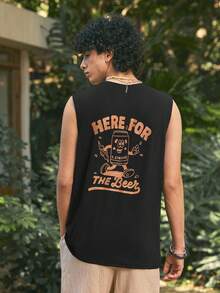 Open Phase 休闲街头风格 | 男士夏季无袖背心 | 卡通啤酒罐印花和“来喝啤酒”字样 - 黑色 - 查看 2