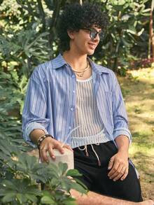 Open Phase 男士条纹长袖衬衫，时尚休闲风格，适合春秋季 - 淺藍色 - 查看 4