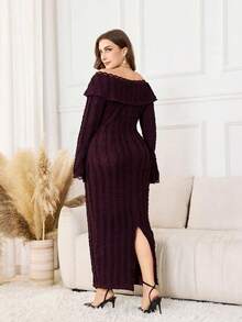 Modelyn Plus Size Women's Off-Shoulder Ruffle Long Sleeve Fitted Lace Patchwork Elegant Dress - Red Violet - View 2
