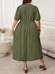 SHEIN LUNE Plus Size Women's Fashion Casual Bow Tie Short Sleeve Dress Casual Dresses For Woman Spring Outfits For Women Dresses Puff Dress For Women Resort Wear Women Vacation Dress French Style Dress Women Casual Dresses Es Women's Summer Outfits Women Vacation Outfit Mother's Day Women's Summer Dresses - Green - View 3