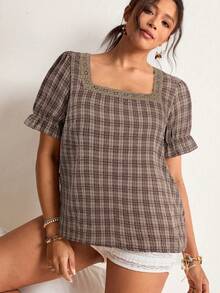 Freevana Plus Size Plaid Square Collar Short Sleeve Shirt - Coffee Brown - View 3