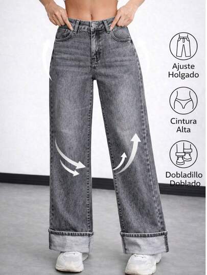 Jeans dama denim tiro alto wide leg elegante para salida casual  uso diario streetwear comodo relajado moda juvenil primavera verano