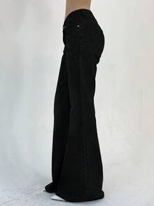 DAZY Quần jeans ống loe đơn giản, đơn giản, màu trơn, túi cài nút phía trước dành cho nữ, phong cách đường phố Y2k, cạp trễ - màu đen - Xem 4