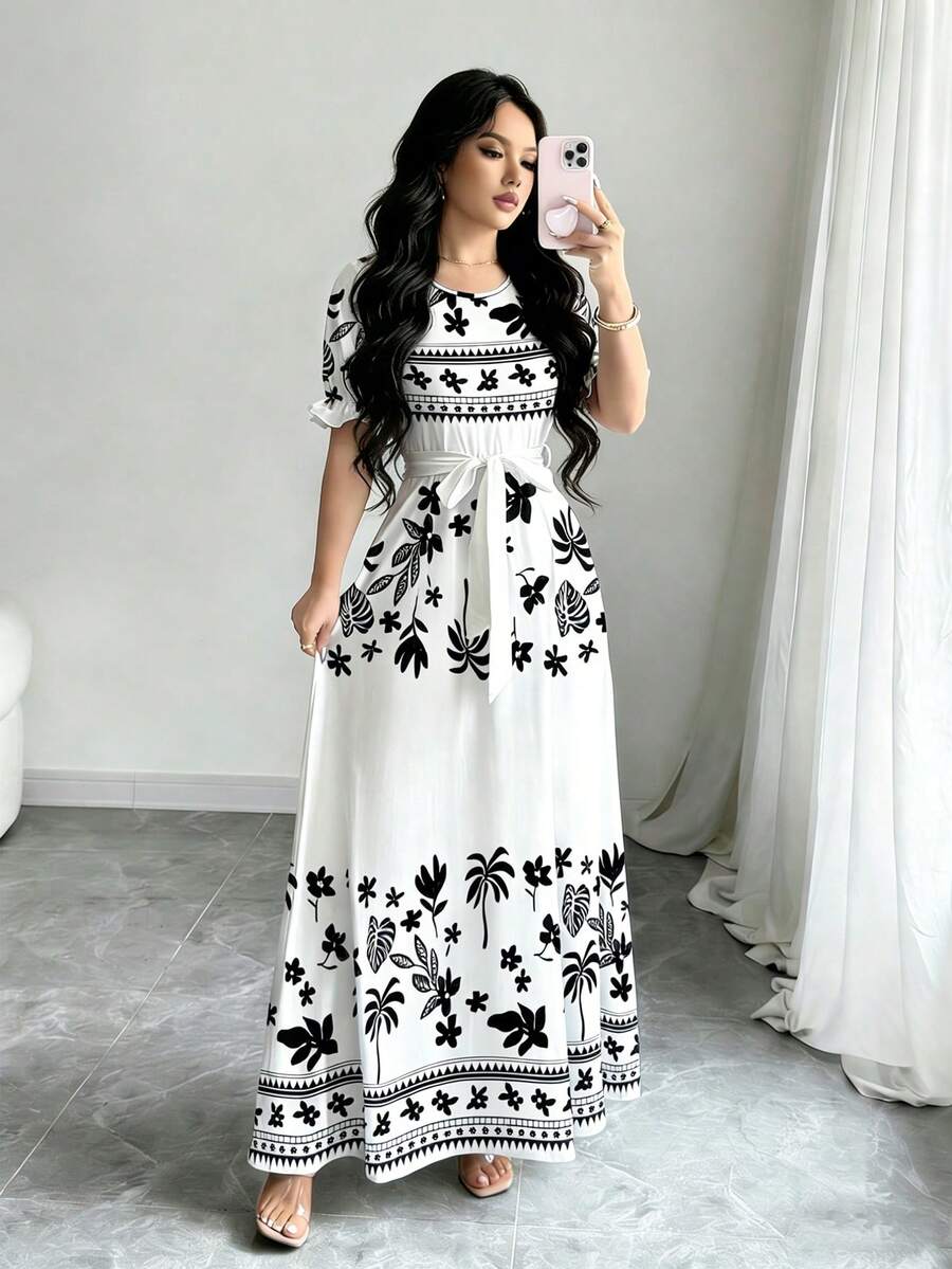 Modelyn Floral & Triangular Pattern Digital Print Crew Neck Long Sleeve A-Line Dress, Waist Cinched, Fashionable, Spring - Multicolor - View 1