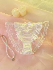 White Satin Mesh Splice Sheer Ruffle Trim Elegant Bridal Panties - White - View 1