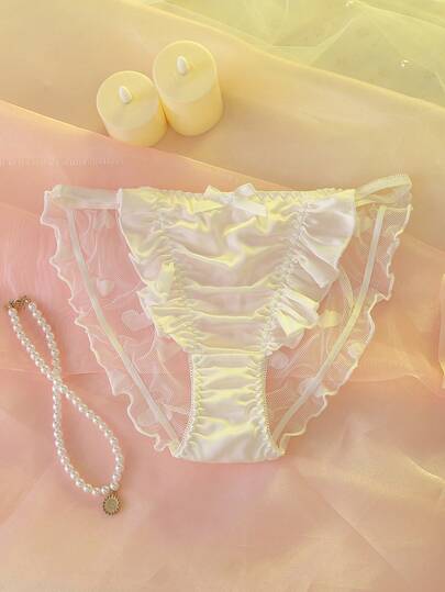 White Satin Mesh Splice Sheer Ruffle Trim Elegant Bridal Panties