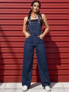 SHEIN PETITE Quần yếm denim ống đứng có túi dành cho nữ, phong cách thường ngày. - Rửa tối - View 4