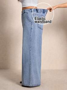 Elaquor 大码女式高腰口袋阔腿宽松休闲牛仔裤 - 藍色 - 查看 4