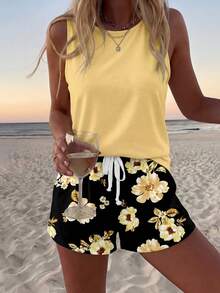 Sylviya 2 件套女士花卉印花无袖圆领吊带背心和短袖上衣，适合夏季外出和度假 - 彩色 - 查看 5