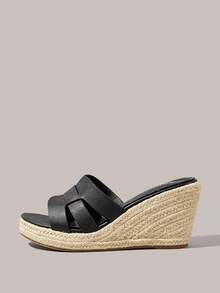 Styleloop 女士圆头坡跟黑色休闲亚麻绳凉鞋，简约设计，适合日常通勤、度假、旅行、波西米亚音乐节等场合。 - 黑色 - 查看 2