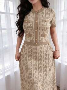 Feyla Bộ 2 món áo len dệt kim tay ngắn họa tiết hình học mùa hè trang trí nút kim loại và chân váy dệt kim mix thường ngày cho nữ - Màu Khaki - Xem 1