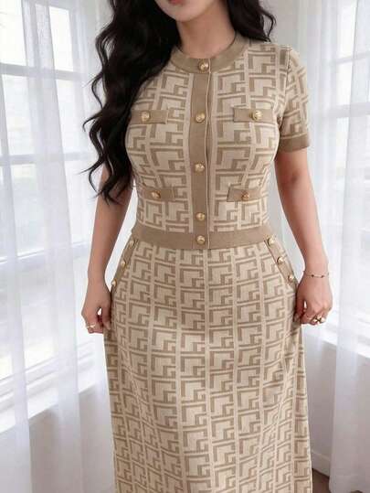 Feyla 2 件套女士夏季几何图案金属纽扣装饰短袖针织上衣和针织混合裙休闲套装 2 件套