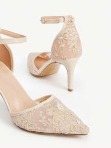 CUCCOO CHICEST Giày cao gót hở mũi phối ren lưới hở gót cho nữ, màu mơ, đa năng cho tiệc tùng, đám cưới - Màu be - Xem 9