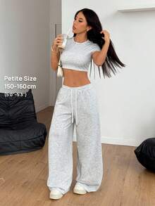 SHEIN PETITE 女士休闲纯色短款 T 恤和裤子两件套，夏季 - 灰色 - 查看 9