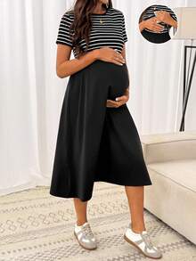 SHEIN 孕妇夏季休闲条纹拼接哺乳连衣裙 - 黑色 - 查看 1