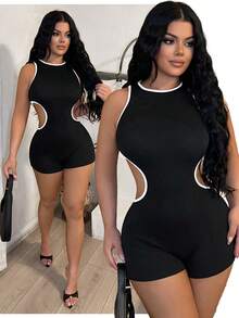 SHEIN SXY 性感黑白镂空紧身连体衣 - 黑與白 - 查看 1