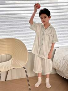 DAZY Tween Boy Front Button Pocket Short Sleeve Top And Shorts Pajama Set - Green - View 5